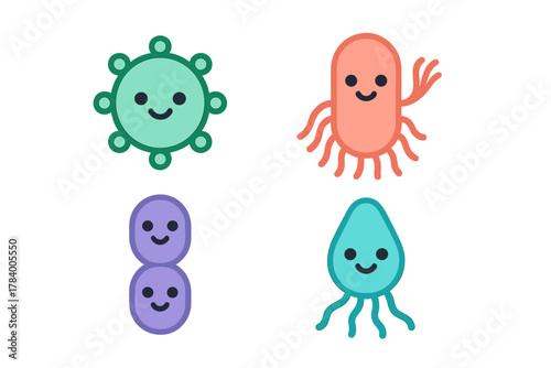 Four happy cartoon microbe and bacteria icons with friendly faces