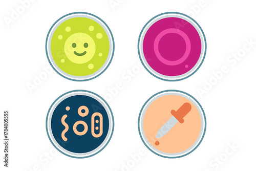 Four colorful petri dish icons representing microbiology and science themes