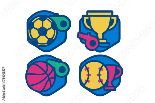 Colorful collection of sports equipment icons including balls whistles and trophies