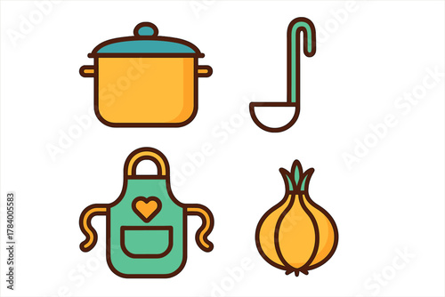 Set of kitchen and cooking icons including pot, ladle, apron, and onion ingredient