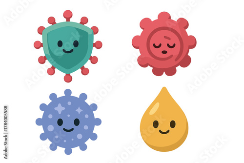 Set of cute cartoon virus and immunity shield icons