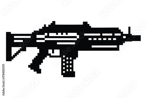Pixelated black firearm weapon stands alone with precise digital square detail in sharp silhouette