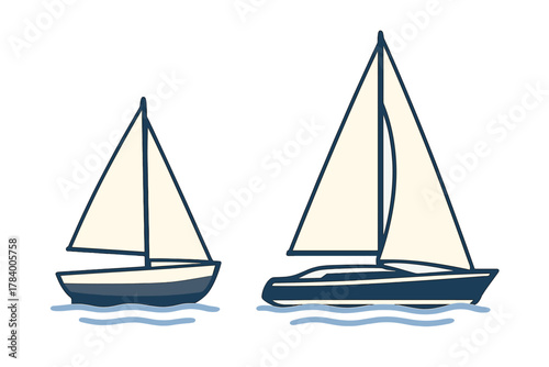 Two sailboats with cream sails on blue water isolated on white background