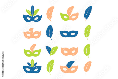 Brightly colored set of carnival masquerade masks and decorative feathers