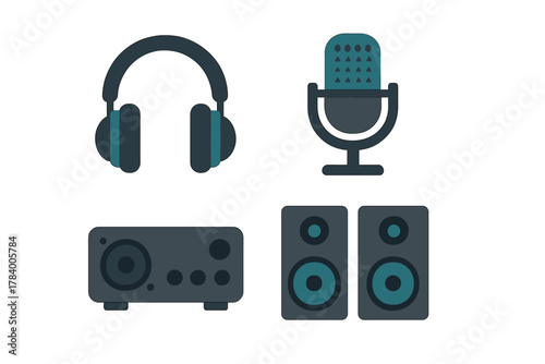 Set of audio recording and playback equipment icons featuring headphones microphone and speakers