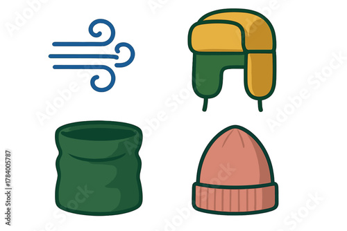 Cold weather accessories icons featuring wind symbol and winter hats