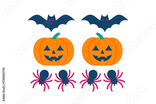 Set of smiling pumpkins bats and spiders for Halloween celebration