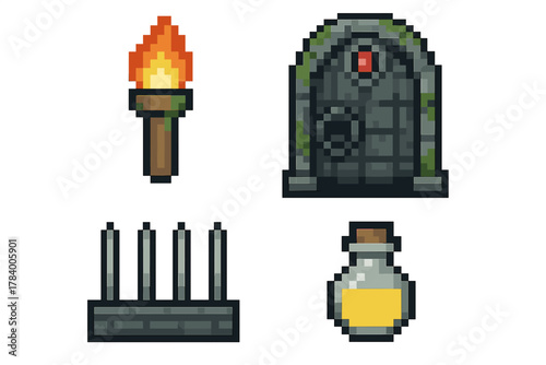 Pixel art dungeon game assets featuring torch, stone door, candelabra, and potion