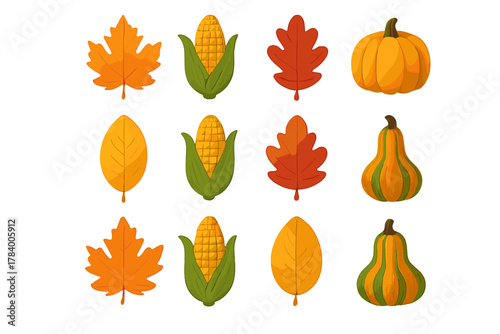 Stylized icons of autumn harvest vegetables and seasonal fall foliage elements