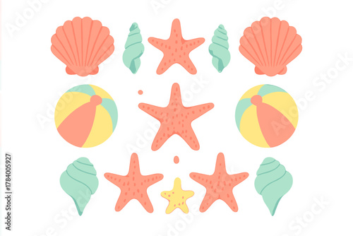 Assortment of colorful beach icons including starfish, seashells, and beach balls