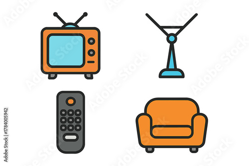 Collection of retro home entertainment and relaxation icons