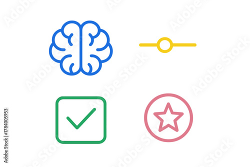 Four colorful outline symbols for mind, settings, approval, and preferred item