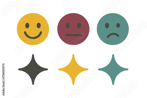 Three colored rating faces and star shapes for feedback systems