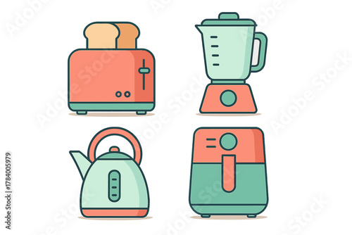 Four modern kitchen small appliance icons featuring toaster and blender