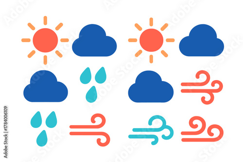 Set of stylized weather condition icons including sun, clouds, rain, and wind