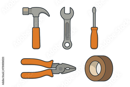 Assortment of essential hand tools: hammer, wrench, screwdriver, pliers, and measuring tape