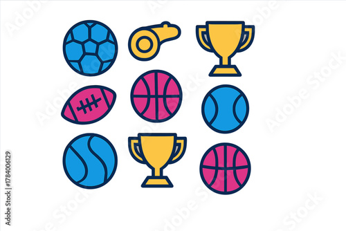 Colorful icons representing various sports equipment and achievement awards