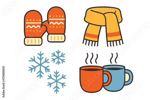 Set of winter accessories and hot drink icons with snowflakes