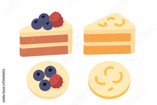 Assortment of cake slices with fresh berries and simple dessert symbols