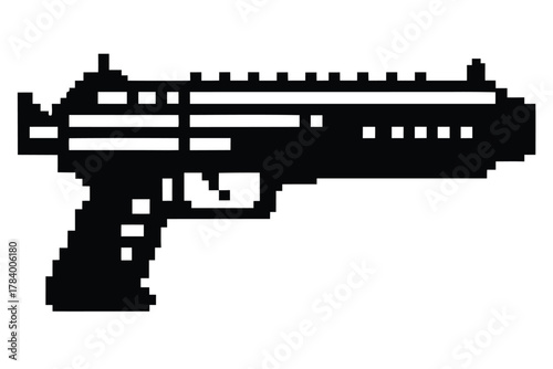 Pixelated black submachine gun displays a retro gaming aesthetic with squared design