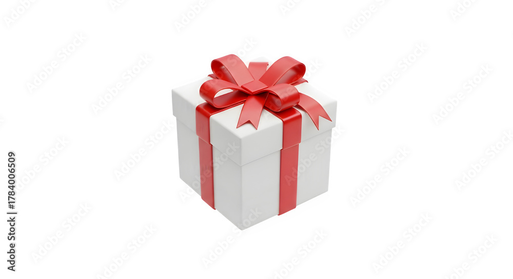 Obraz premium A white gift box with a red ribbon and bow isolated on transparent background is ready to give