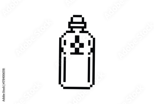 Pixelated bottle shows a radioactive caution symbol on the front in monochrome