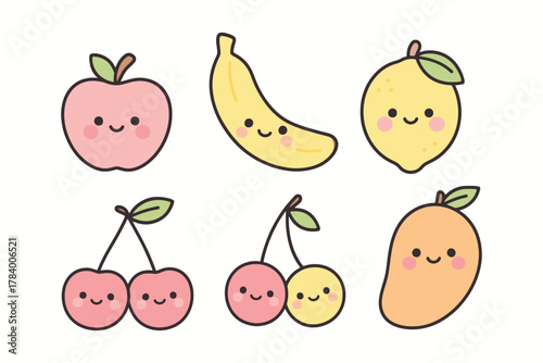 Cute kawaii style fruits collection with happy faces and simple cartoon illustrations