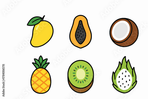 Collection of six colorful tropical fruits including mango papaya coconut pineapple kiwi and dragon fruit