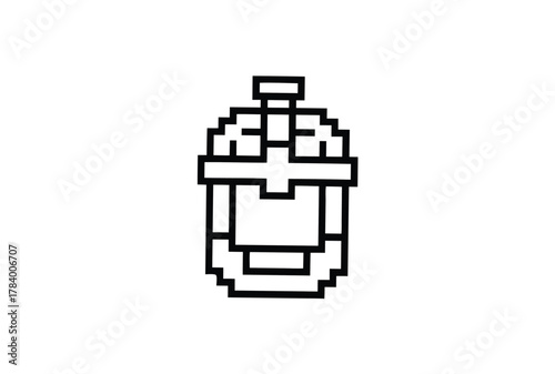 Pixelated cocktail shaker with black outline stands out against the white background in simplistic art