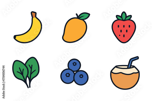 Collection of colorful hand drawn fruit icons including banana mango strawberry spinach blueberries and coconut drink