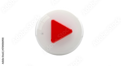 A white button with a red play symbol isolated on transparent background for video streaming