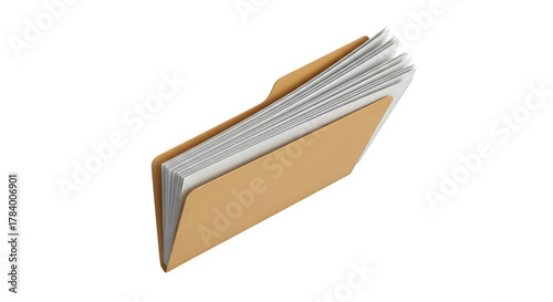 A 3d rendering of a file folder with documents isolated on transparent background