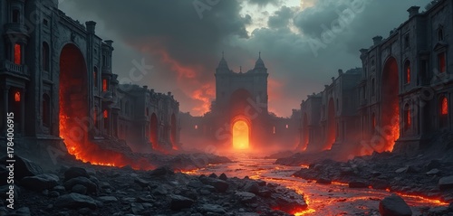 Illustration of a post apocalyptic cityscape engulfed by lava. Buildings are destroyed during cataclysmic event. Inferno rages through a ruined town, depicting hellish landscape. © miss irine