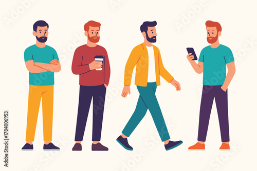 Four diverse men standing and walking with casual clothing and modern hairstyles