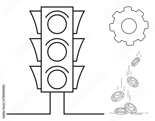 Traffic light with three circles, gearwheel, and coins falling downward. Ideal for economy, decision-making, workflow, automation, financial systems, investments simple flat metaphor
