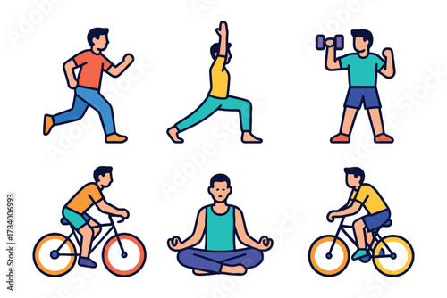 Diverse collection of men engaging in various healthy lifestyle activities and exercises