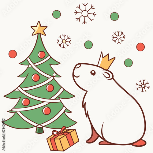 Whimsical Capybara feeling Shy in a Christmas setting with with a tiny crown – colored in Festive Cheer