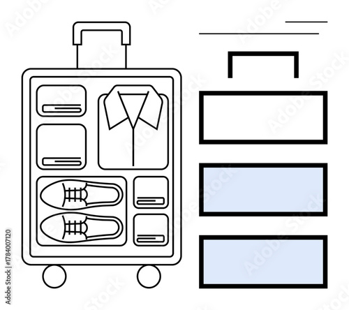 Open suitcase displaying neatly folded clothing and shoes, alongside icon of stacked storage. Ideal for travel, packing tips, organization, minimalism, efficiency, vacation planning, simple flat