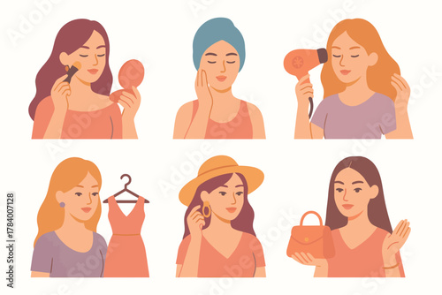 Collection of diverse women performing various beauty and self care routines in a flat illustration style