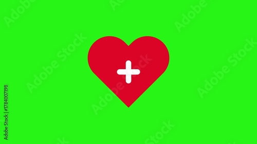 Red heart icon with plus sign animation on green screen background