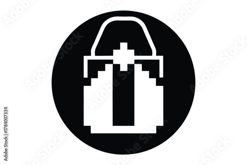 Pixelated white shopping bag with handles is featured prominently against a stark black circle