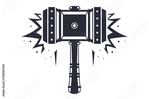 Powerful black hammer strikes with cracking force in monochrome depiction with detailed handle