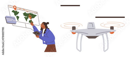 Person using a touchscreen map interface to track locations with a quadcopter flying nearby. Ideal for navigation, mapping, delivery, surveillance, technology, innovation, global connectivity. Simple