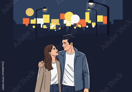 Couple strolling at night with city lights in the background