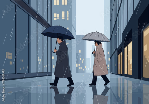 People walking with umbrellas through rainy city streets in calm evening