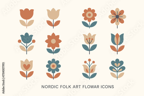 Collection of stylized floral icons in a charming nordic folk art aesthetic