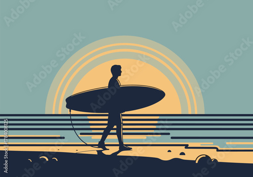 Surfer silhouette at sunset: minimalist beach vibes with retro style