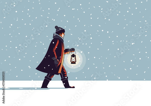 Winter evening walk: person with lantern in snowy landscape