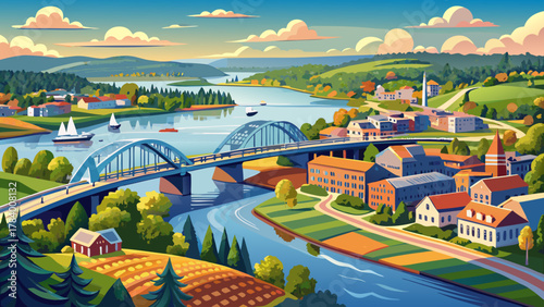 Very beautiful aerial panoramic view of the Merrimack River and Tyngsboro Bridge in downtown Tyngsborough, Massachusetts, USA, featuring calm river waters, bridge architecture, surrounding greenery, a