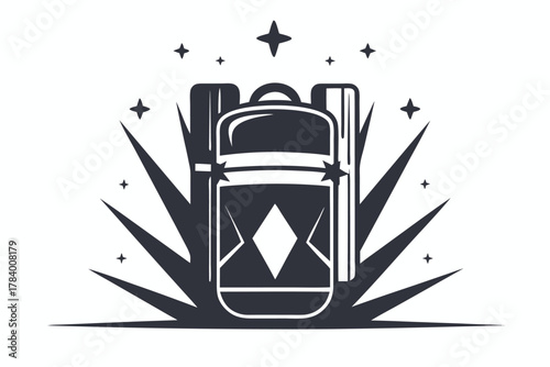 Stylish grayscale backpack is surrounded by burst lines and glittering stars on a simple backdrop